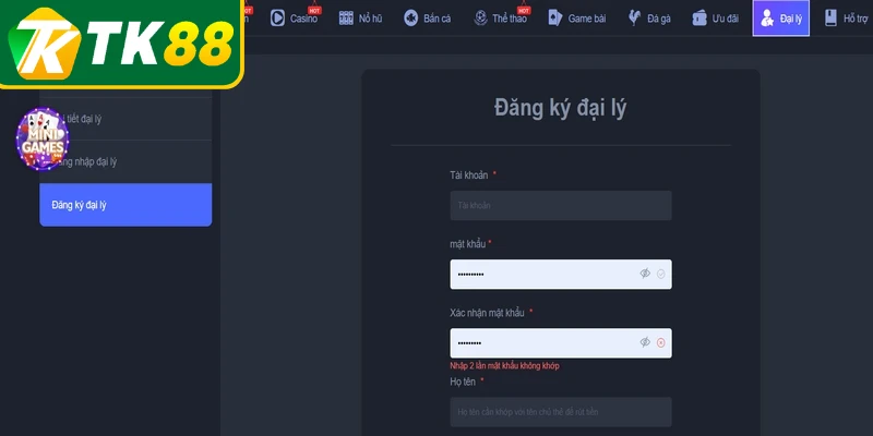 Đại lý yêu cầu toàn bộ thông tin đăng ký tài khoản và ngân hàng